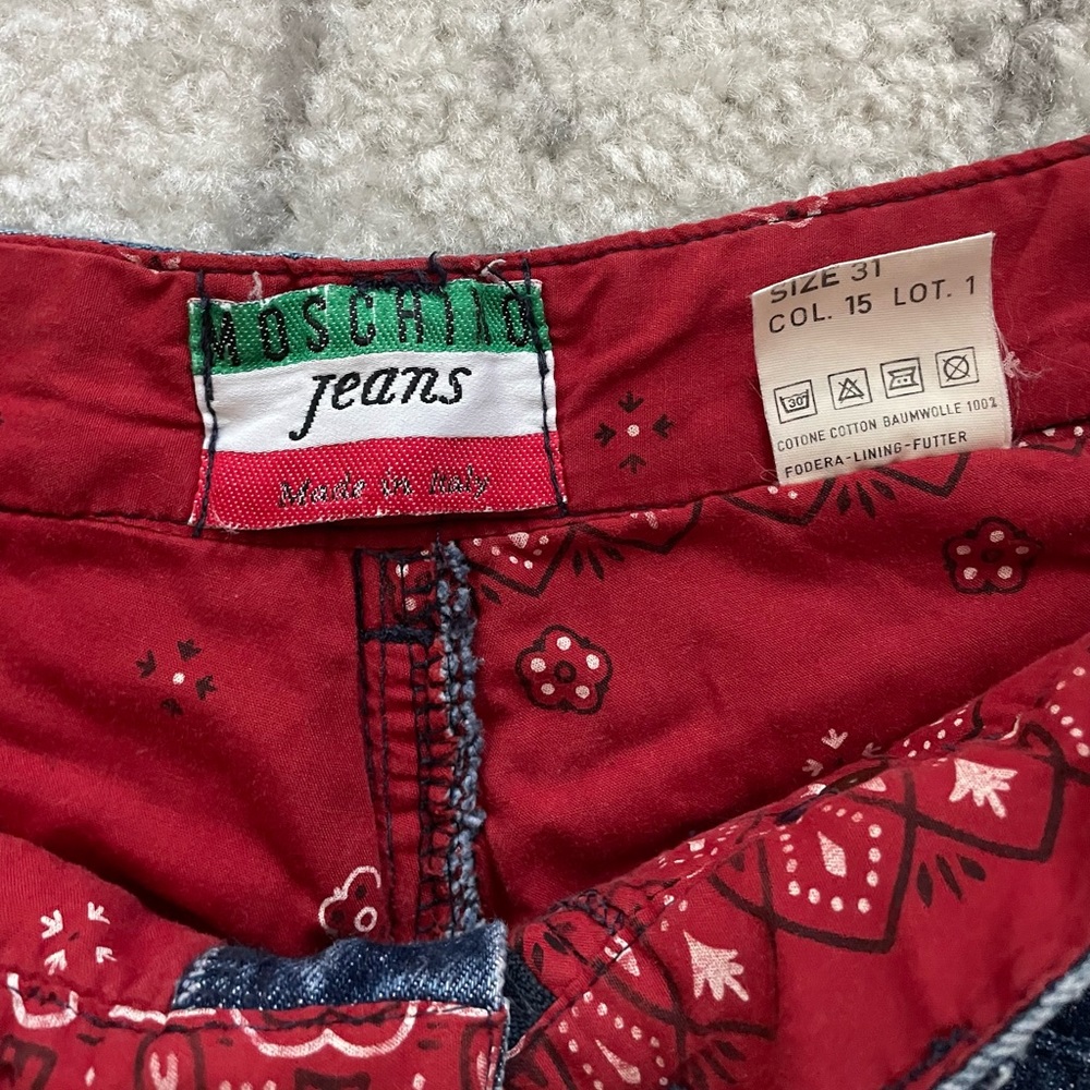 Vintage Moschino Jeans 1988 Blue Denim Red Paisley Lined Jeans